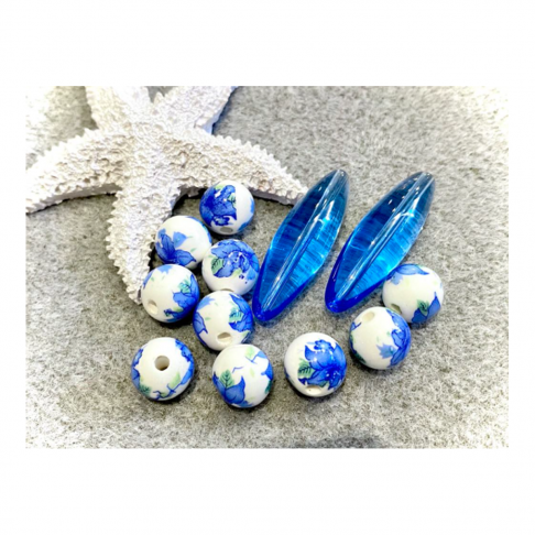 KRK-M10211  Porceliano ir stiklo karoliukai, 38mmx11mm, 10mmx11mm, 10vnt. plius 2 vnt.