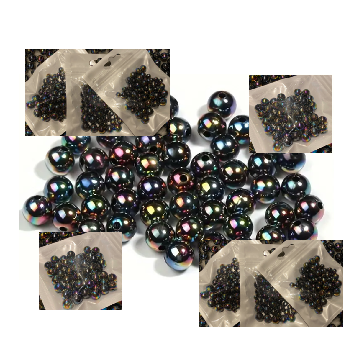 AKR-A-4073  Akriliniai karoliukai, perliukai, MIX, 10mm, 8mm,6mm, (60vnt.), TAMSŪS  AB