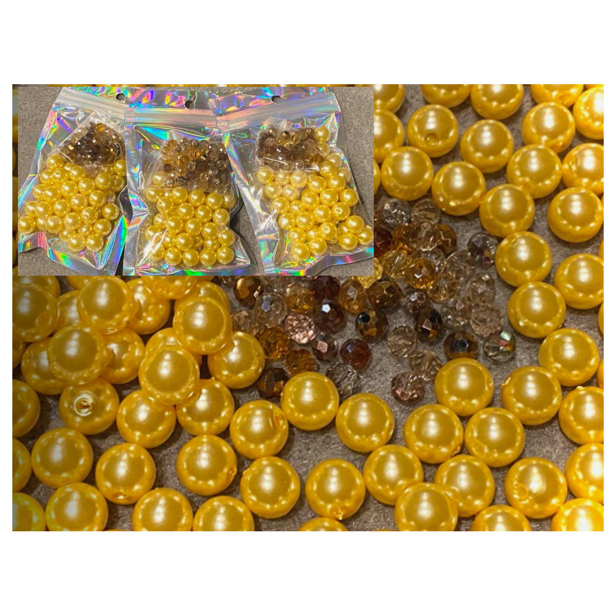 PER-AKR622  Akriliniai perliuai,  GELTONI, 10mm, 40vnt.,- kristalo kar., 6x4mm rudi, 50 vnt.