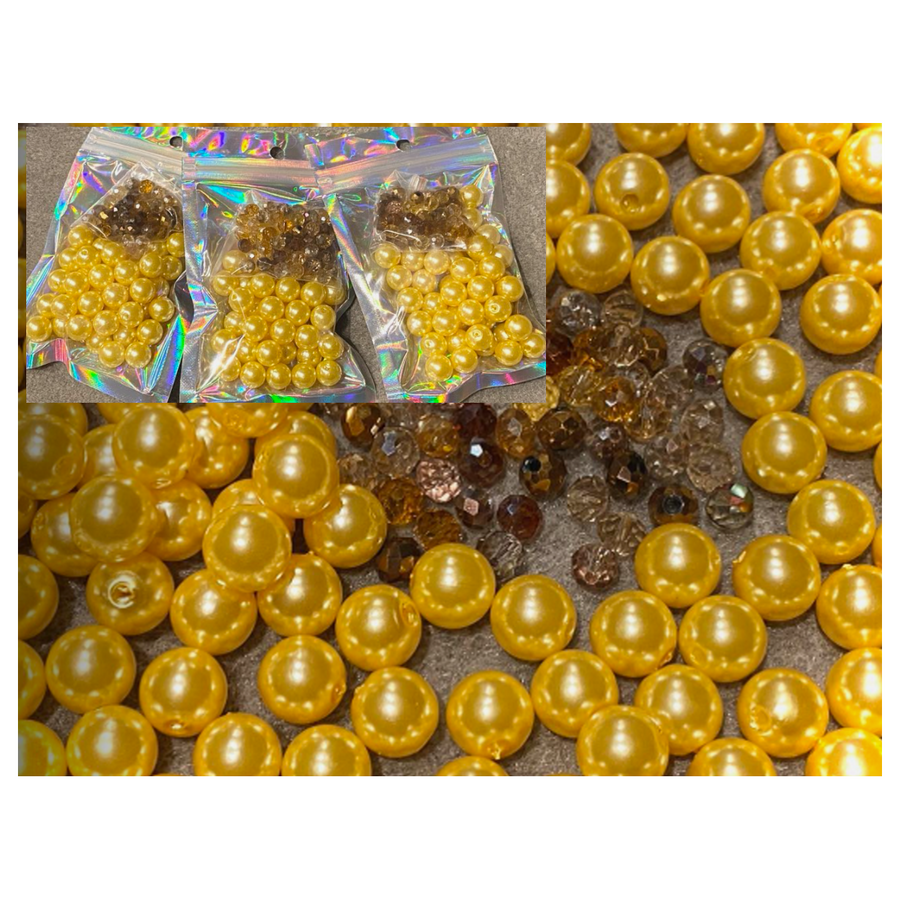 PER-AKR622  Akriliniai perliuai,  GELTONI, 10mm, 40vnt.,- kristalo kar., 6x4mm rudi, 50 vnt.