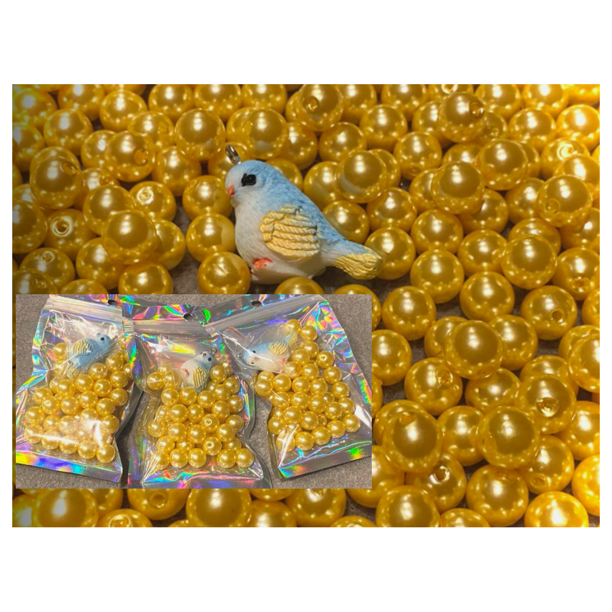 PER-AKR621  Akriliniai perliukai,  GELTONI, 10mm, 40vnt.,- kristalo kar., pakabukas paukštis,1 vnt.